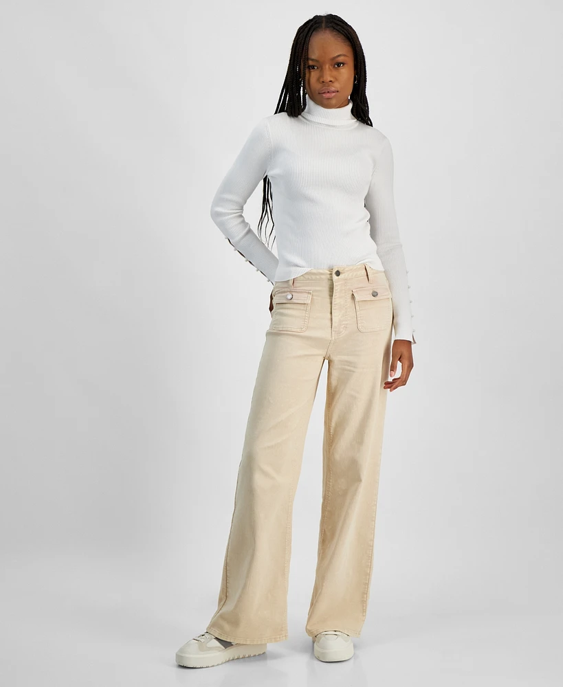 Tinseltown Juniors' High Rise Patch-Pocket Wide-Leg Jeans