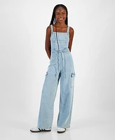 Tinseltown Juniors' Wide-Leg Square-Neck Tie-Front Cargo Jumpsuit