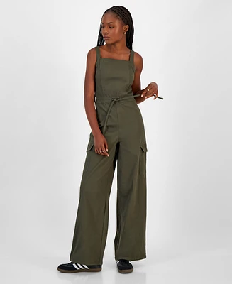 Tinseltown Juniors' Wide-Leg Square-Neck Tie-Front Cargo Jumpsuit