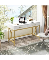 Tribesigns Computer Desk with Two Drawers, Modern Study Writing Desk with Storage, Makeup Vanity Table Office Desk with Gold Metal Frame for Home Offi
