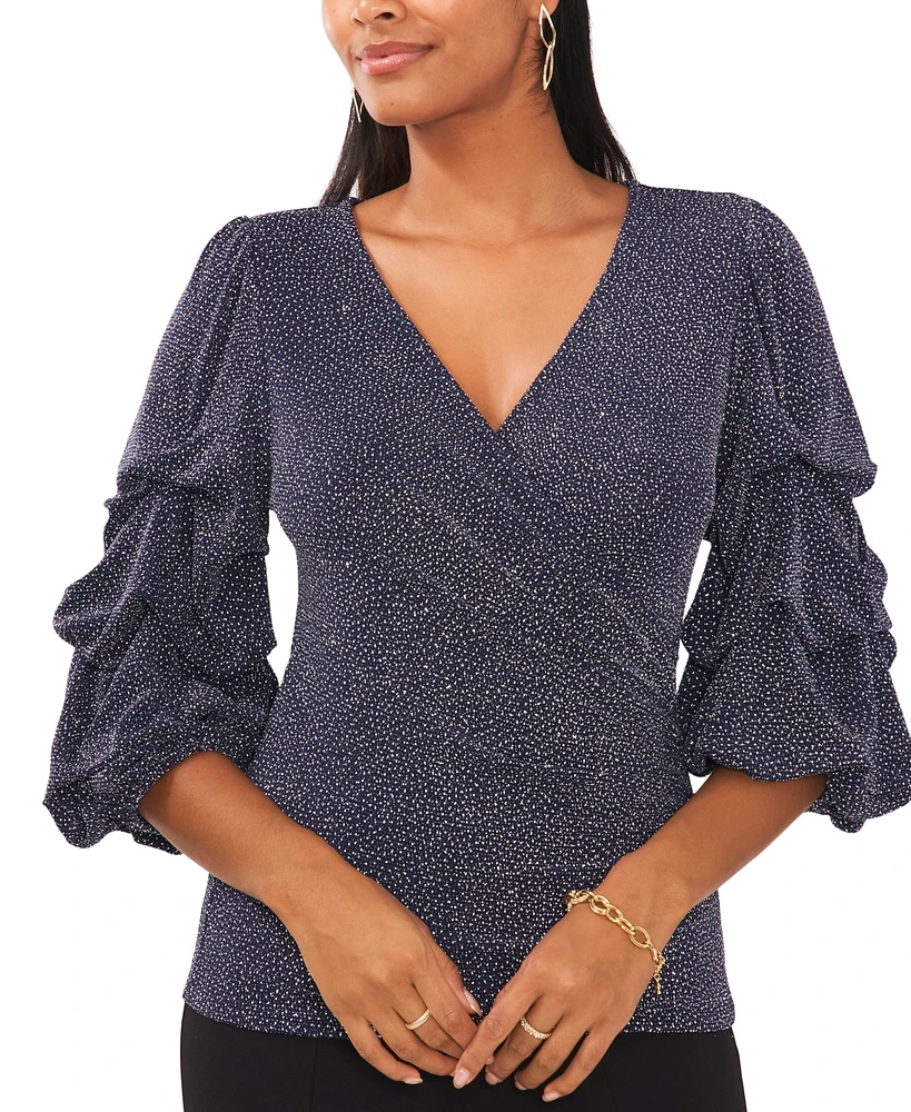 Msk Petite Glitter Surplice Bubble-Sleeve Top