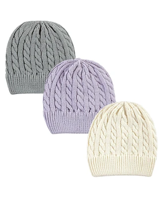 Hudson Baby Infant Girl Knit Cuffed Beanie 3pk, Lilac Cream