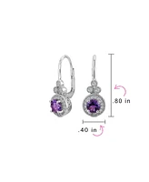 Bling Jewelry Classic Art Deco Style Purple Synthetic Amethyst Halo Circle Circlet Rosette Solitaire Drop Earrings For Women Sterling Silver