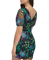 Siena Women's Embroidered Mesh-Sleeve Sheath Dress