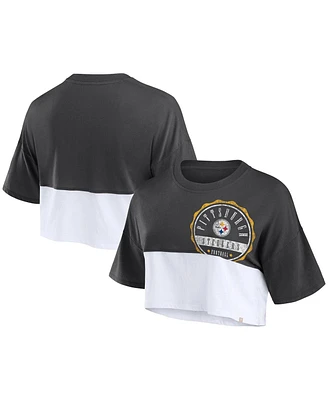 Fanatics Women's Black/White Pittsburgh Steelers Boxy Color Split Cropped T-Shirt