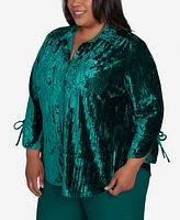 Alfred Dunner Plus Size Emerald Isle Crushed Velvet Emerald Button Front Top