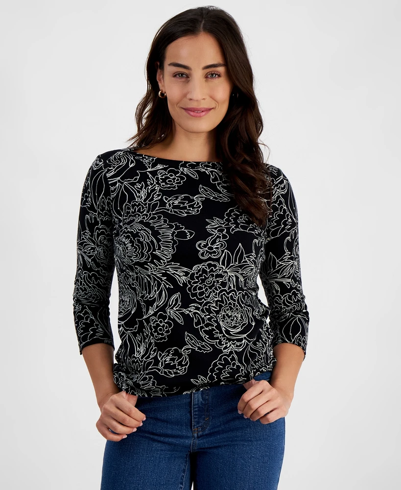 Style & Co Petite Printed 3/4-Sleeve Knit Top, Created for Macy's