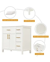 Simplie Fun 36" Off-White Bathroom Vanity with Ceramic Sink, Solid Wood & Mdf Cabinet