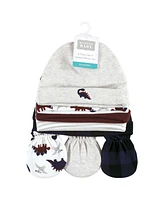 Hudson Baby Baby Boys Cotton Cap and Scratch Mitten Set, Burgundy Dino, 0-6 Months