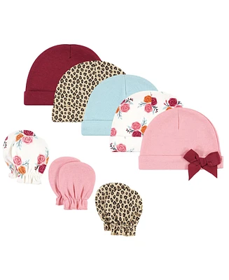 Hudson Baby Baby Girls Cotton Cap and Scratch Mitten Set, Autumn Rose, 0-6 Months