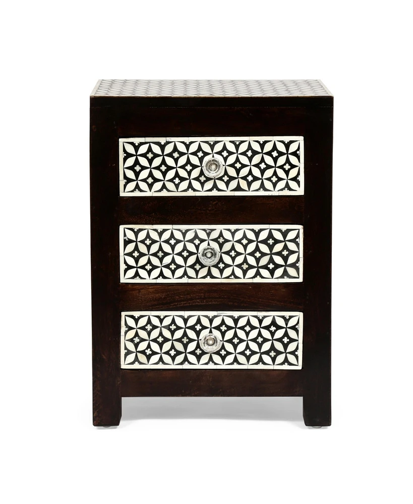 Simplie Fun Mango Wood Bone Inlay Nightstand With 3 Drawers