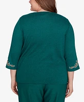 Alfred Dunner Plus Emerald Isle Center Medallion Embroidered Three Quarter Sleeve Top