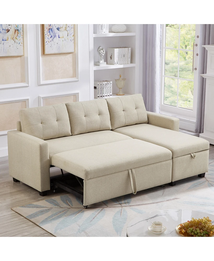 Simplie Fun Pull-Out Sectional Sofa with Storage Chaise, Beige