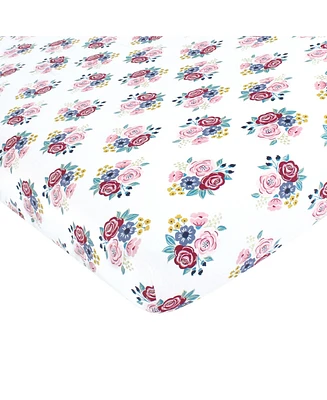 Hudson Baby Infant Girl Cotton Fitted Crib Sheet, Blush Navy Floral, One Size