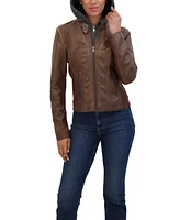 Sebby Collection Women's Zip Front Faux Leather Jacket With Removeable Hood Bib