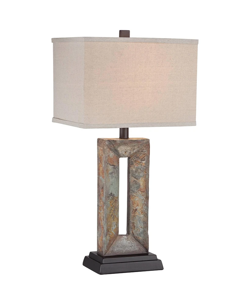 Franklin Iron Works Tahoe Industrial Rustic Table Lamp 26" High with Table Top Dimmer Natural Slate Tan Rectangular Box Shade for Bedroom Living Room