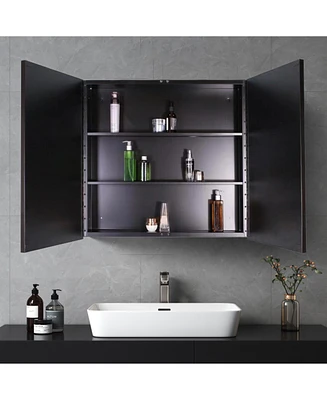 Simplie Fun 26x30" Wall-Mount/Recessed Black Metal Medicine Cabinet with Mirror