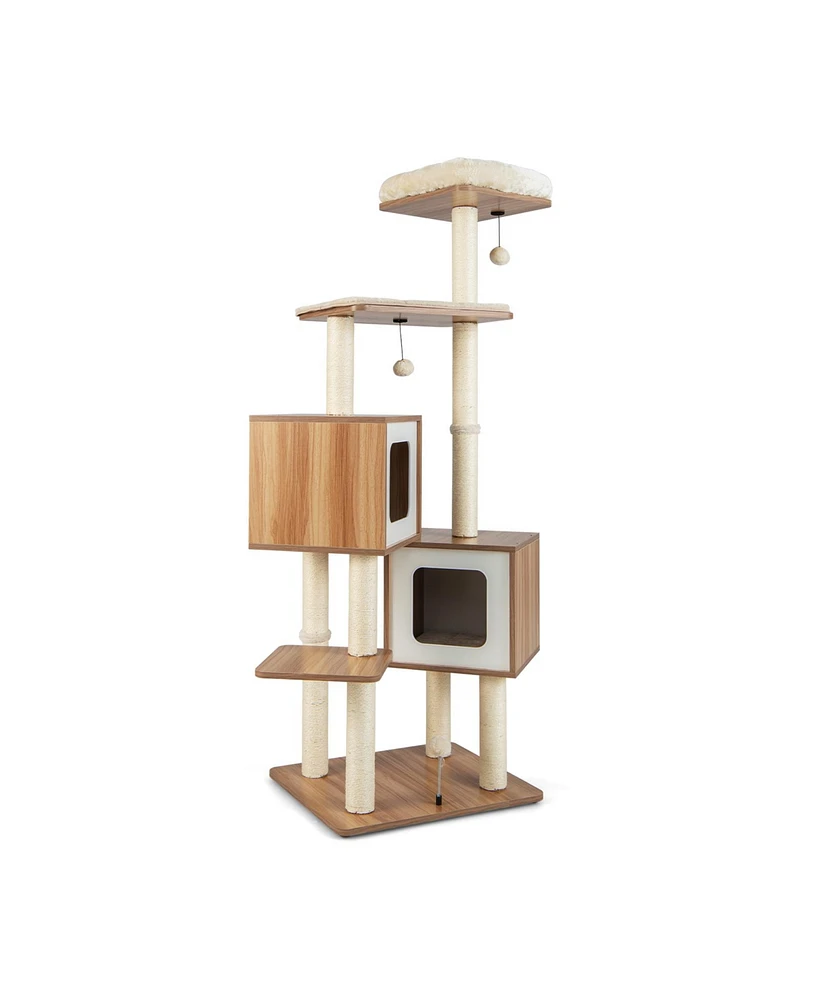 Slickblue Modern Wooden Cat Tree with Perch Condos and Washable Cushions-Natural