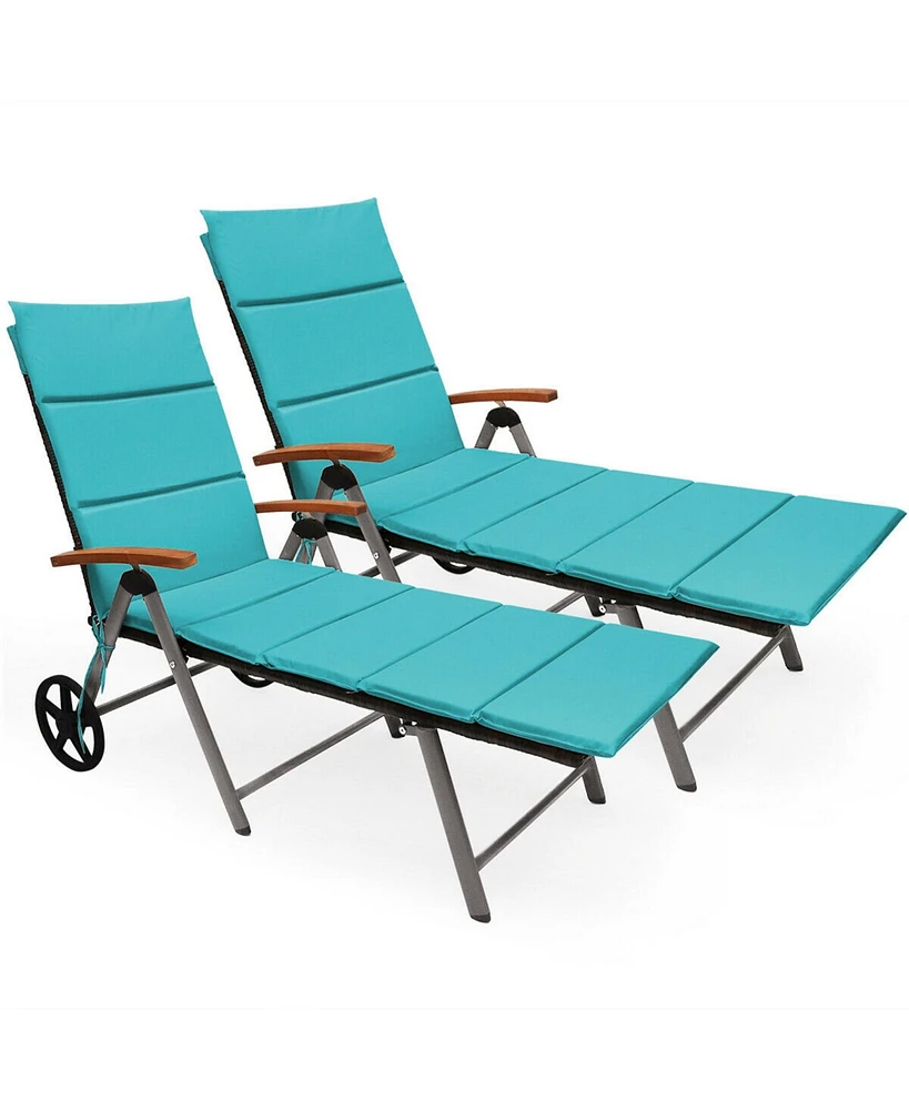 Gymax 2PCS Folding Patio Rattan Lounge Chair Cushioned Aluminum Adjust Wheel Turquoise