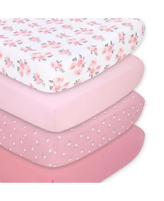 The Peanutshell Fitted Crib Sheet Set for Baby Girls, Pink Roses and Floral, 4 Pack Set