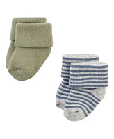 Hudson Baby Boys Cotton Rich Newborn and Terry Socks, Blue Sage Stripe, 6-12 Months