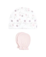 Hudson Baby Baby Girls Hudson Cotton Cap and Scratch Mitten Set, Lavender Floral, 0-6 Months