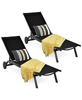 Gymax Set of 2 Patio Chaise Lounge Chair Aluminum Adjustable Recliner w/ Wheels