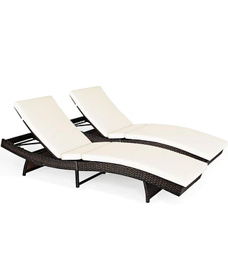 Gymax Set of 2 Foldable Patio Rattan Chaise Lounge Chair w/5 Back Positions White Cushion