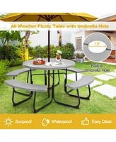 Outdoor 8-person Round Picnic Table Bench Set with 4 Benches & Umbrella Hole