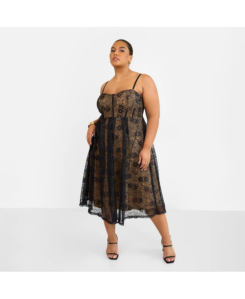 Rebdolls Women's Plus Size Lorelei Lace Overlay Midi A Line Dress