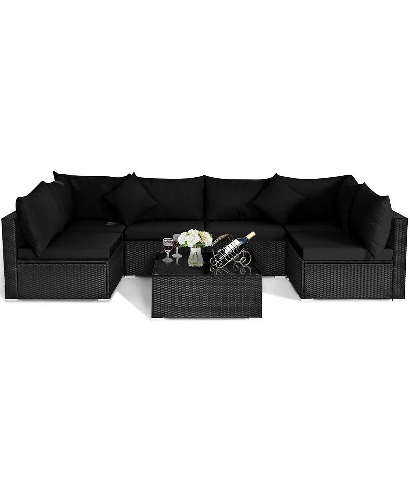 Slickblue 7 Pieces Outdoor Sectional Wicker Patio Furniture Sofa Set with Tempered Glass Top and Softy Cushions-Black