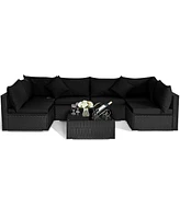 Slickblue 7 Pieces Outdoor Sectional Wicker Patio Furniture Sofa Set with Tempered Glass Top and Softy Cushions-Black