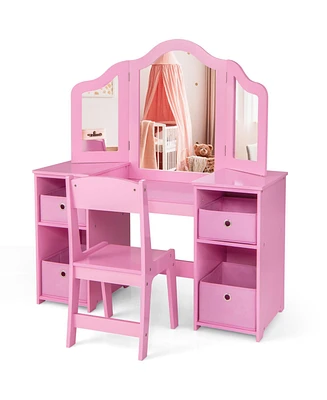 Slickblue Kids Vanity Table and Chair Set with Removable Mirrors 4 Storage Bins