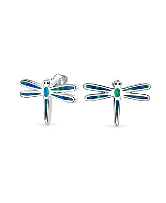 Bling Jewelry Synthetic Blue Created Opal Garden Insect Summer Dragonfly Firefly Stud Earrings For Women For Sterling Silver