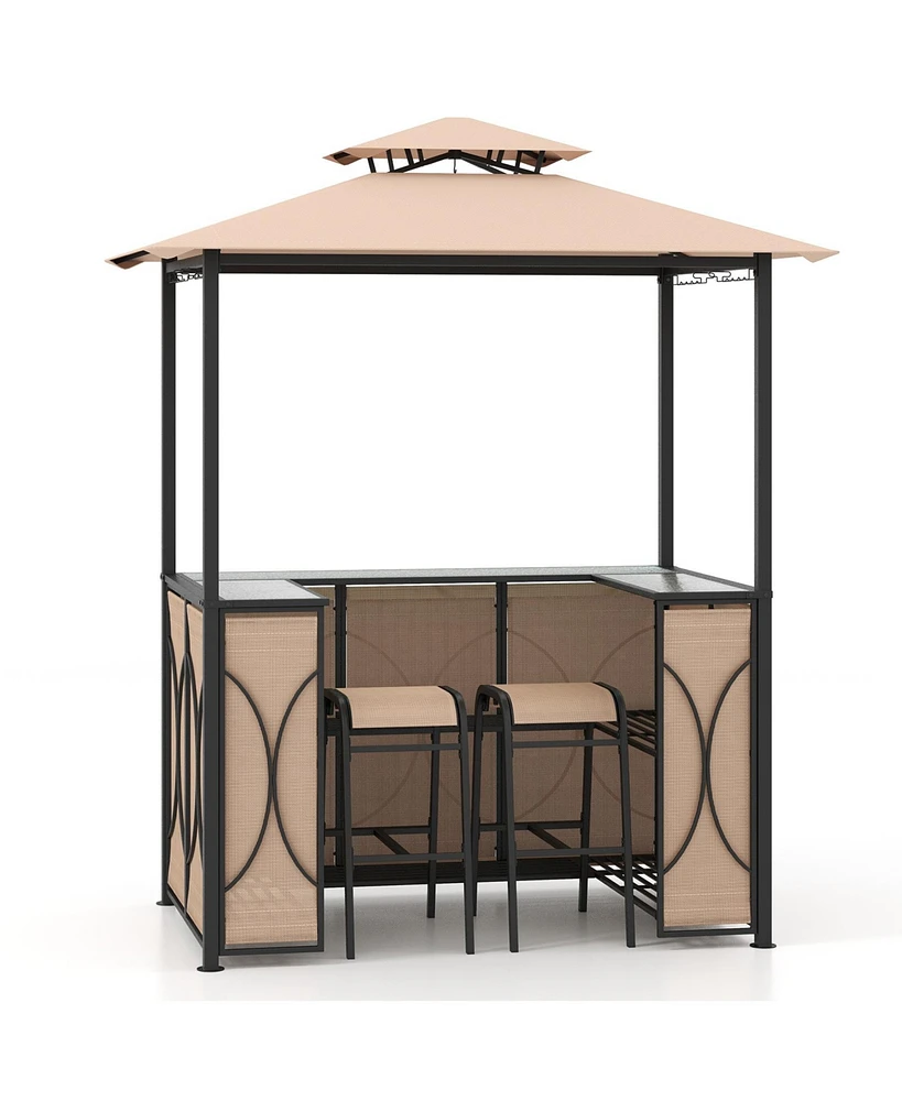 Slickblue 3-Piece Patio Bar Set Grill Gazebo & 2 Stools with Tempered Glass Table