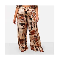 Rebdolls Women's Naima Satin Abstract Print Wide Leg Pant W. Pockets