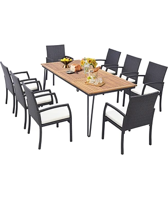 Costway 9 Pcs Patio Rattan Dining Set with Acacia Wood Table, Cushions