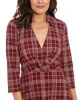 London Times Women's Plaid Collared V-Neck 3/4-Sleeve Dress