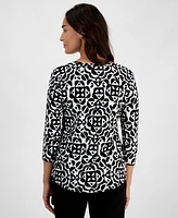 Jm Collection Petite Randeur Printed 3/4-Sleeve Scoop-Neck Top, Created for Macy's