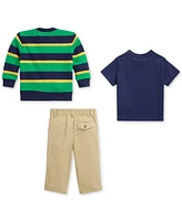 Polo Ralph Lauren Baby 3-Pc. Solid T-Shirt, Stripe Fleece Cardigan & Poplin Pants Set