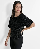 Dkny Women's Round-Neck Stretch Velvet Short-Sleeve Sequin Top