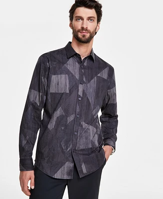 Alfani Men's Stretch Concrete Geometric Print Long-Sleeve Button-Down Shirt, Created for Macy's