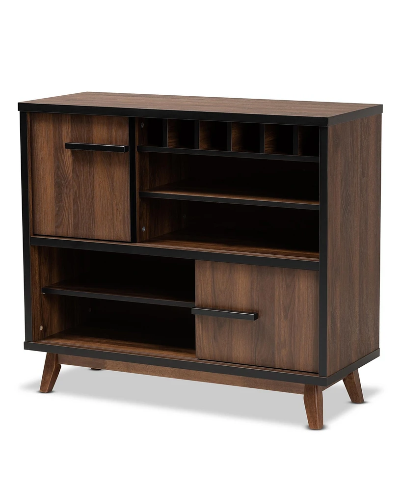 Baxton Studio Margo Mid-Century Modern Two-Tone Walnut Brown and Black Finished Wood Wine Storage Cabinet