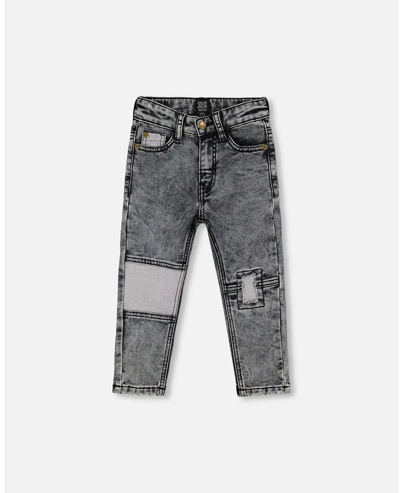 Deux par Deux Baby Boy French Terry Black Denim Pants With Contrasting Patch - Infant