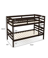 Sugift Solid Wood Twin Over Twin Bunk Bed Frame with High Guardrails and Integrated Ladder