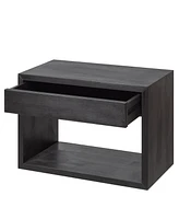 Woodek Black Wooden Nightstand With Open Storage And A Drawer - Wide