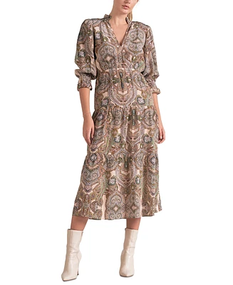 Elan Women's Paisley-Print Chiffon 3/4-Sleeve Midi Dress