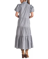 Elan Women's Poplin Striped Button-Front Puff-Sleeve Dress