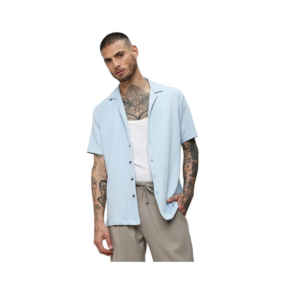 Campus Sutra Men's Light Blue Self-Design Block Shirt