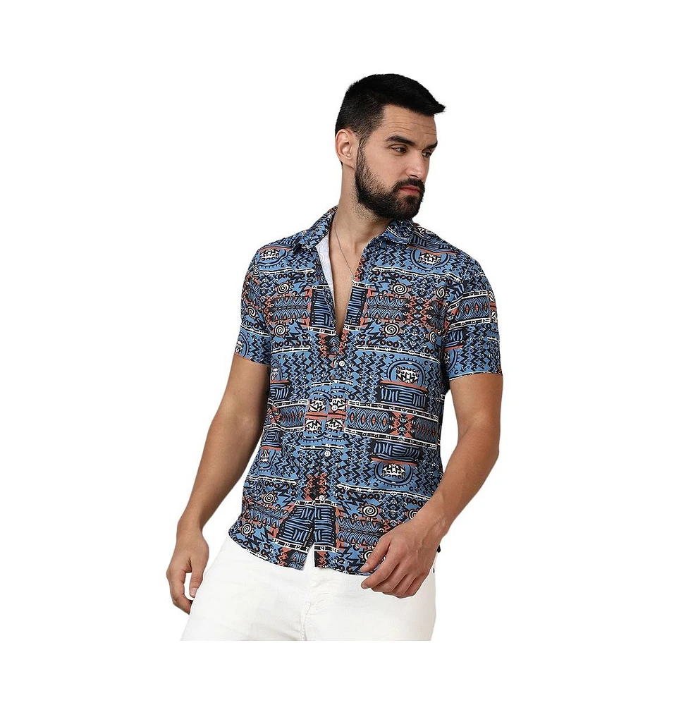 Campus Sutra Men's Icy Blue Artistic Bohemian Shirt